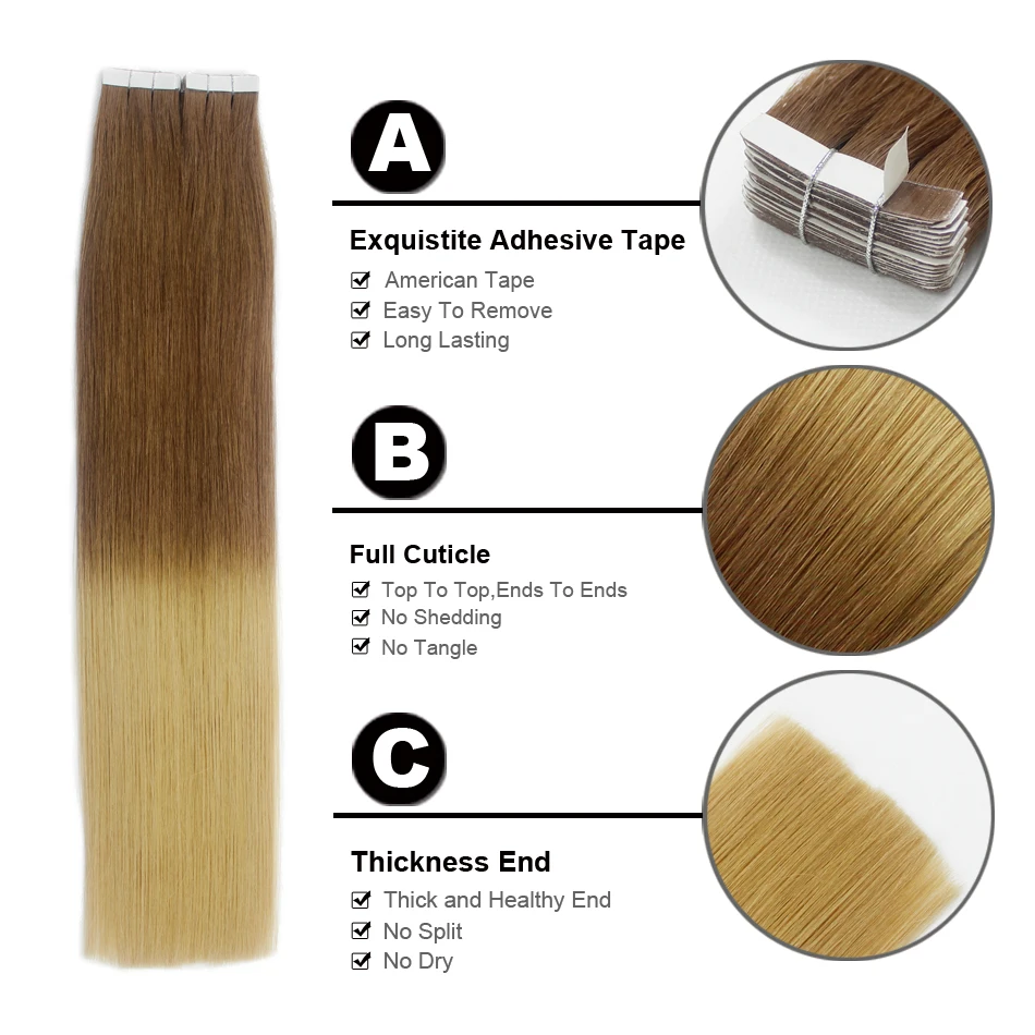 FOREVER HAIR Tape In 100% Real Remy Skin Weft Straight Hair 20pcs Hair Extensions 40g Ombre Color T6/16 Tape Hair 16