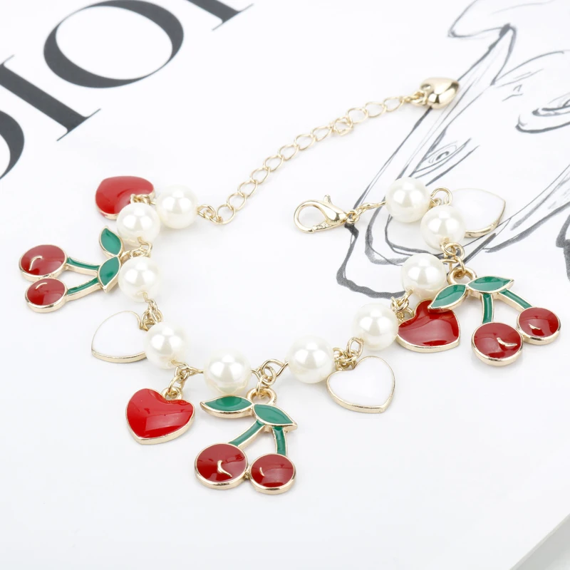 Мультяшный очаровательный браслет с красным вишневым сердцем бусинами цепочкой