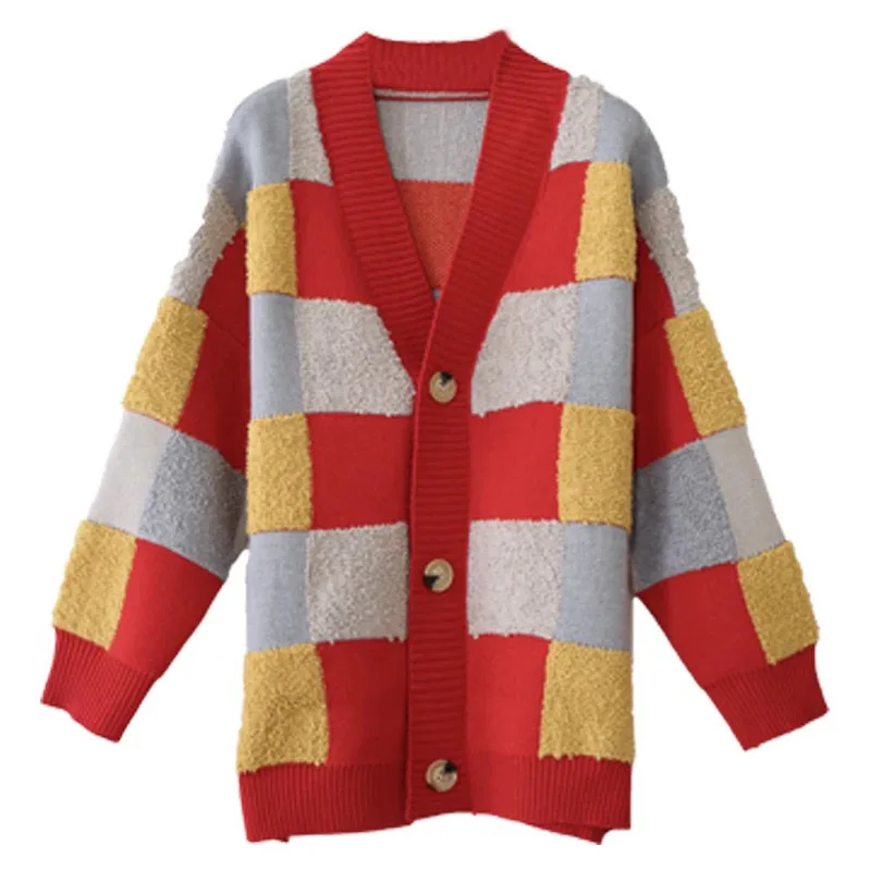 Женский клетчатый свитер свободный трикотажный кардиган в стиле ретро на весну и