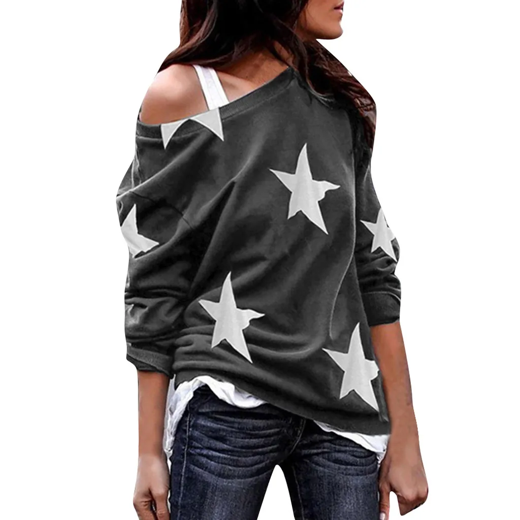 Gray One Shoulder T-Shirt Women Shirt Fashion Star Print Long Sleeve Loose Casual Tee Shirt Spring Lady Shirts Tee Top Plus Size - Цвет: Gray