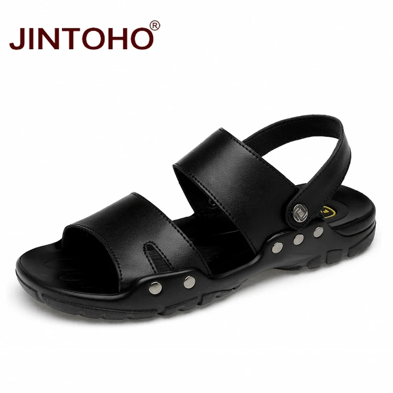 Фото JINTOHO мужские сандалии больших размеров 38 52 модная черная обувь из натуральной
