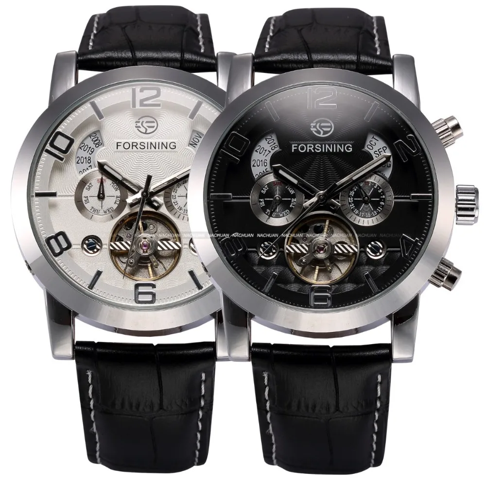 Классические Автоматические механические часы Tourbillon чехол из нержавеющей стали кожаный ремешок черный циферблат Дата Год Месяц Дисплей мужские наручные часы