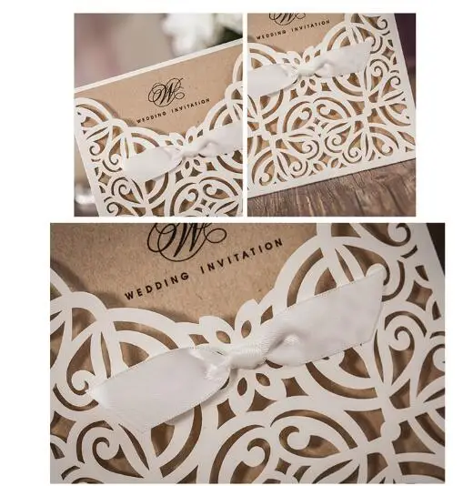 50pcs White Laser Cut Wedding Invitations Card Greet Personalized Custom With Ribbon Free Envelope &amp Seals Party Supplies | Дом и сад