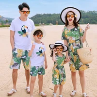 new family matching outfit seaside resort short sleeved suit mother and daughter sleeveless green leaves dress dad son suits
