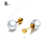 elegant round white simulated pearl stud earrings for women gold tone 316l stainless steel earring date birthday party jewelry