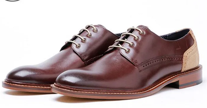 

New Man Derby Lace-up SquareToe Patchwork Flat Dress Shoes Genuine Leather Carved Breathable Formal Men Business Shoes