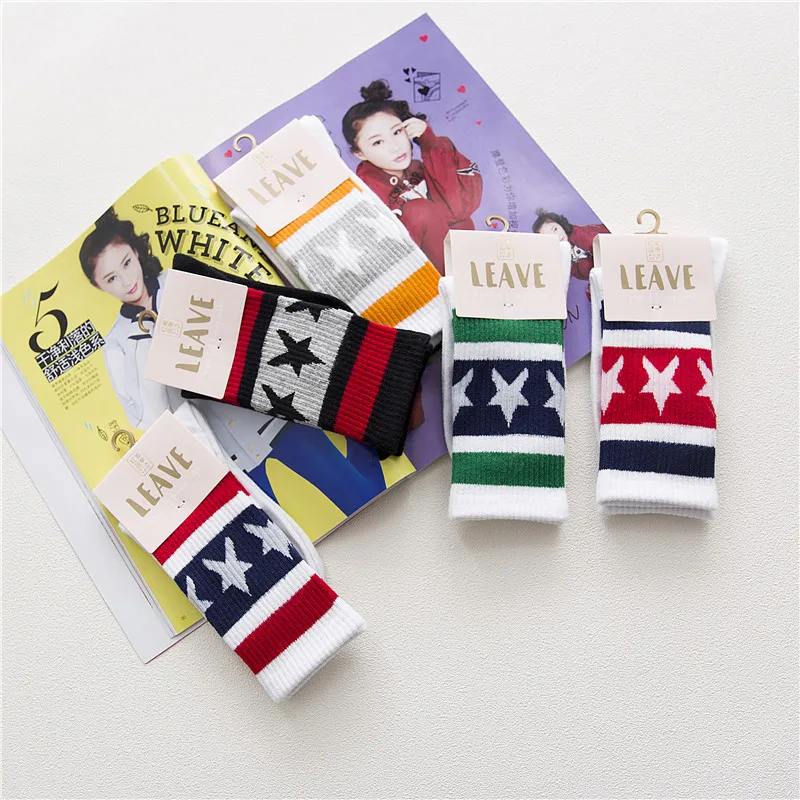 Женские носки 1 пара Хлопковых Носков в полоску со звездами цветные повседневные