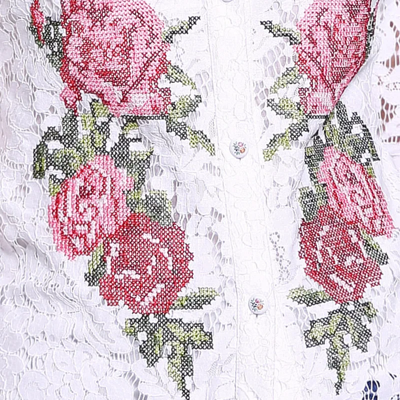 

New 2018 Spring Lace Blouse Women Cute Cat Floral Embroidery Flare Sleeve Lace Tops Shirts Plus Size XXL White Blouses Lace