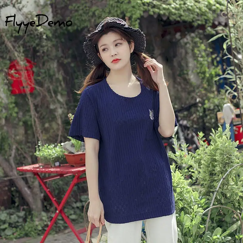 6XL размера плюс, новинка, летняя женская мода, Kawaii, вышивка, кот, топы, для девушек, для женщин, большой, короткий рукав, хлопок, лён, футболка