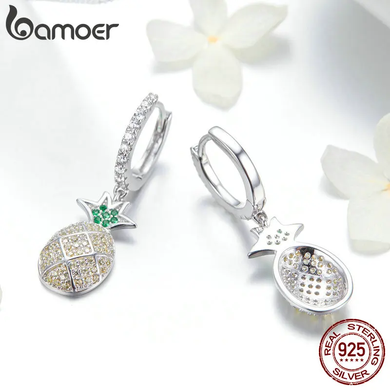 BAMOER Мода 925 пробы серебро Лето ананас ослепительный кубический циркон Висячие серьги для женщин Свадебные ювелирные изделия SCE510