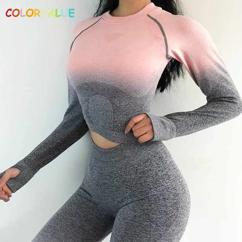 Цветной Ombre бесшовный для спорта, спортивные кроп Топы для женщин, анти-пот, нейлон, тренажерный зал, фитнес, укороченный топ, рубашка с длинным рукавом, с отверстиями для большого пальца