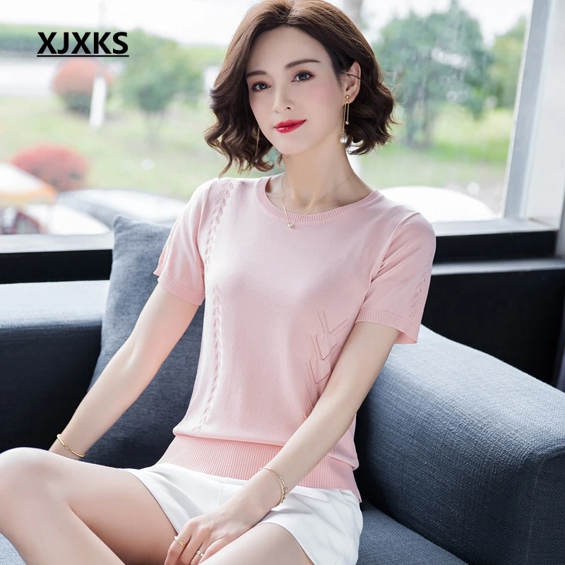 XJXKS, короткий рукав, топ,, вязаная, для молодых женщин, футболка, Femme, высокая эластичность, летние топы, повседневные, элегантные, для молодых женщин, футболки