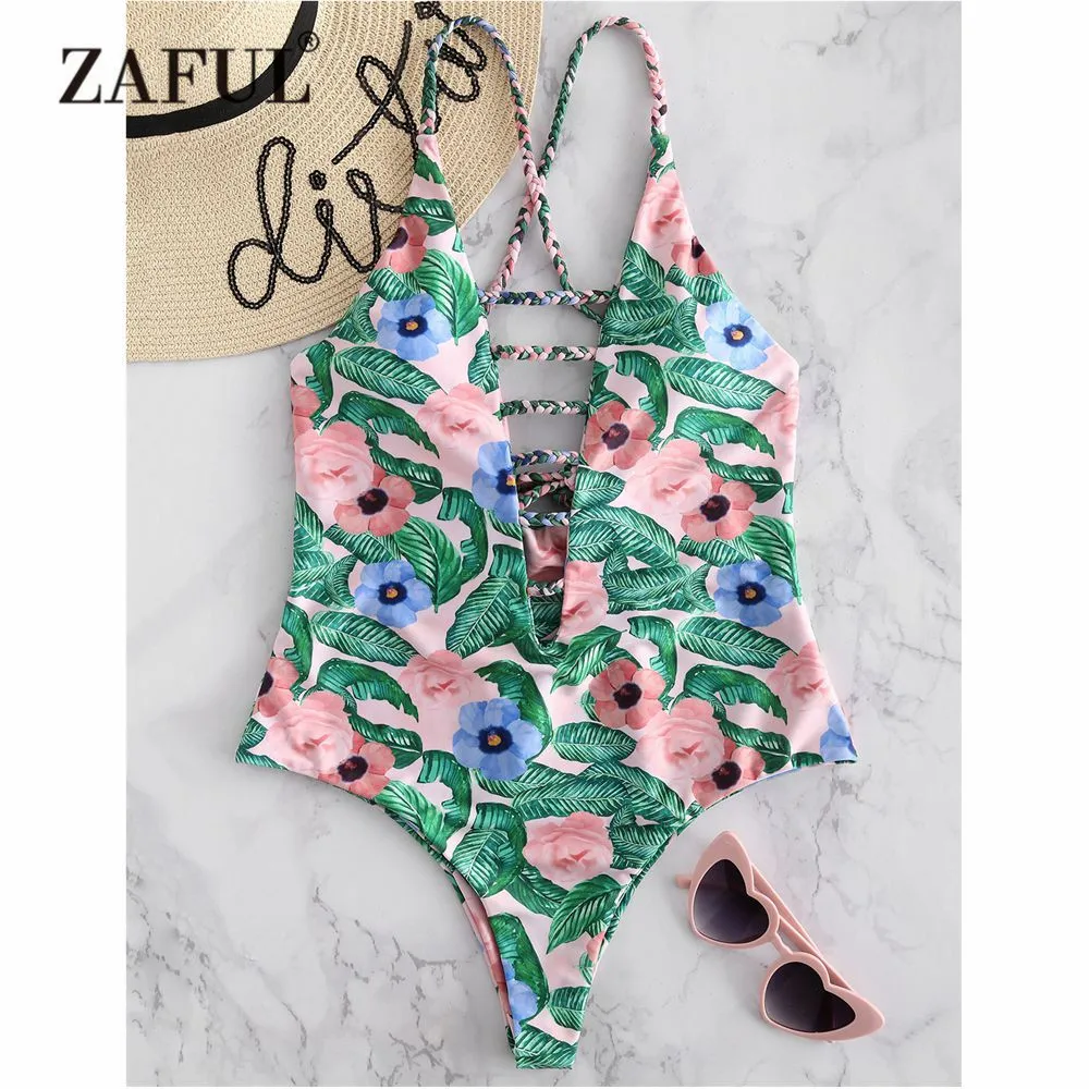 ZAFUL цветочный Цельный купальник для женщин с высокой талией плетеными