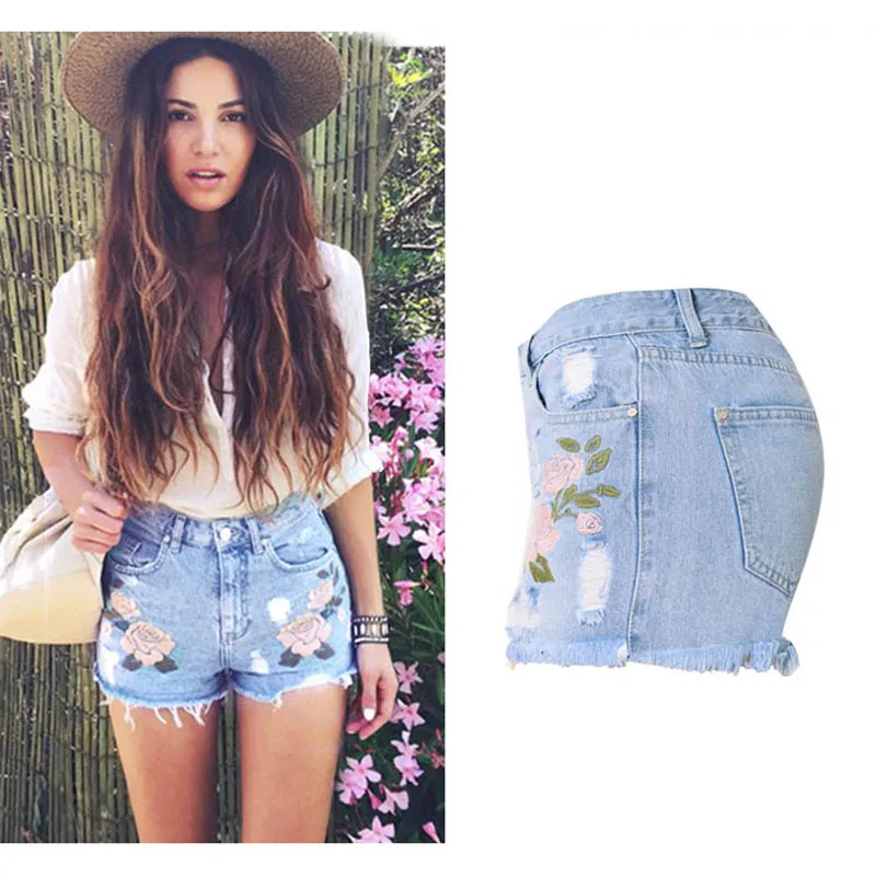 Женские летние джинсовые шорты Schinteon с вышивкой облегающие рваные высокой талией