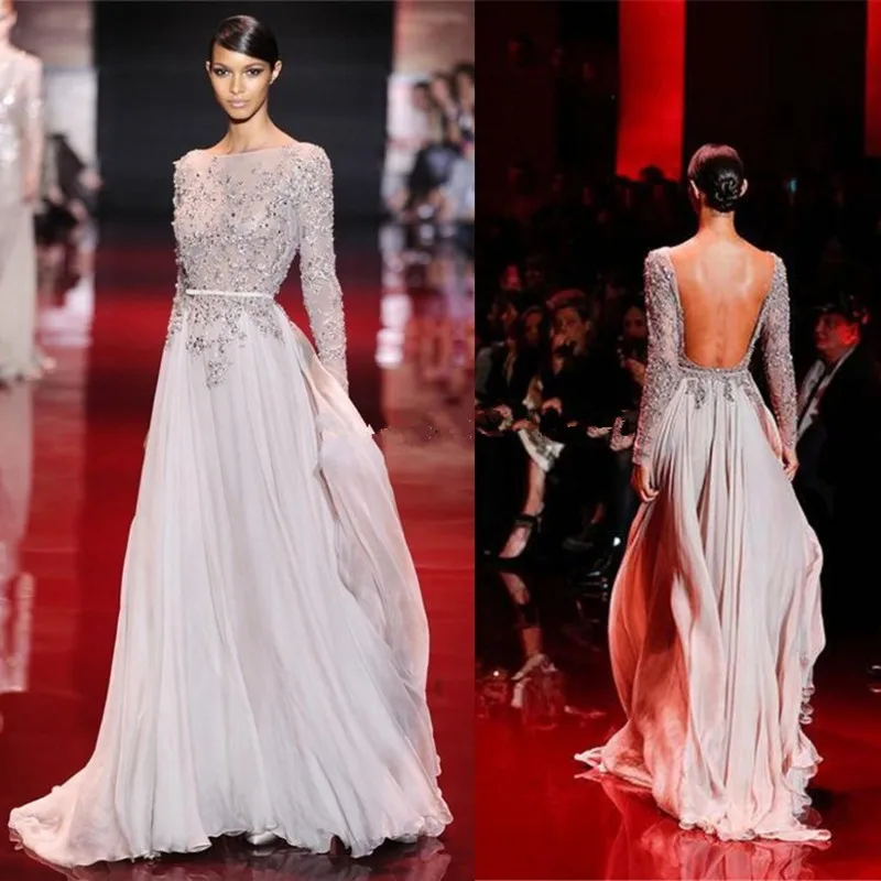 Elie Saab Платья знаменитостей Лодочка 2017 с длинными рукавами и открытой спиной