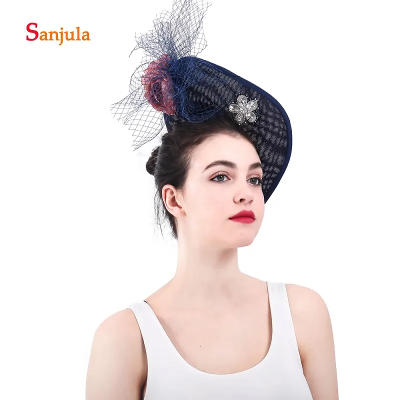 Navy Blue Women's Formal Party Headwear with Flowers Fashionable Fascinators Bridal Tulle Hats pamelas sombreros bodas H23|Свадебные