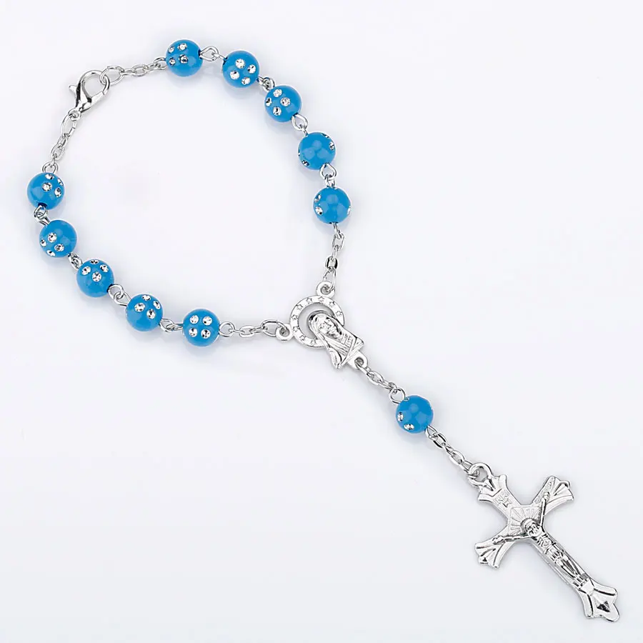 66004618 Colorful Beads Catholic Rosary Bracelet Blue Red Color Auto Rosary Car Rosary INRI Cross Mary Charms Lobster Clasp - Окраска металла: 66004618