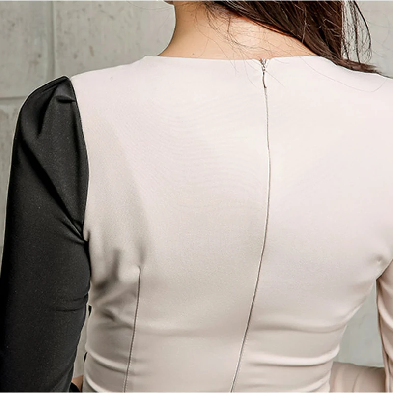 

Vangull Elegant V-neck Hit Color Women Dress Sashes Patchwork Mid-length Pencil Dress OL Style Sheath Bodycon Female Vestidos