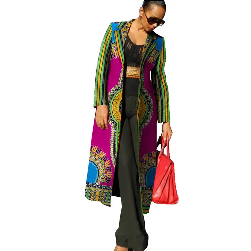 Dashiki African Clothing for Women Full Sleeve Wedding Dresses Bazin Riche Mid Calf Length Print Trench Coat | Тематическая одежда