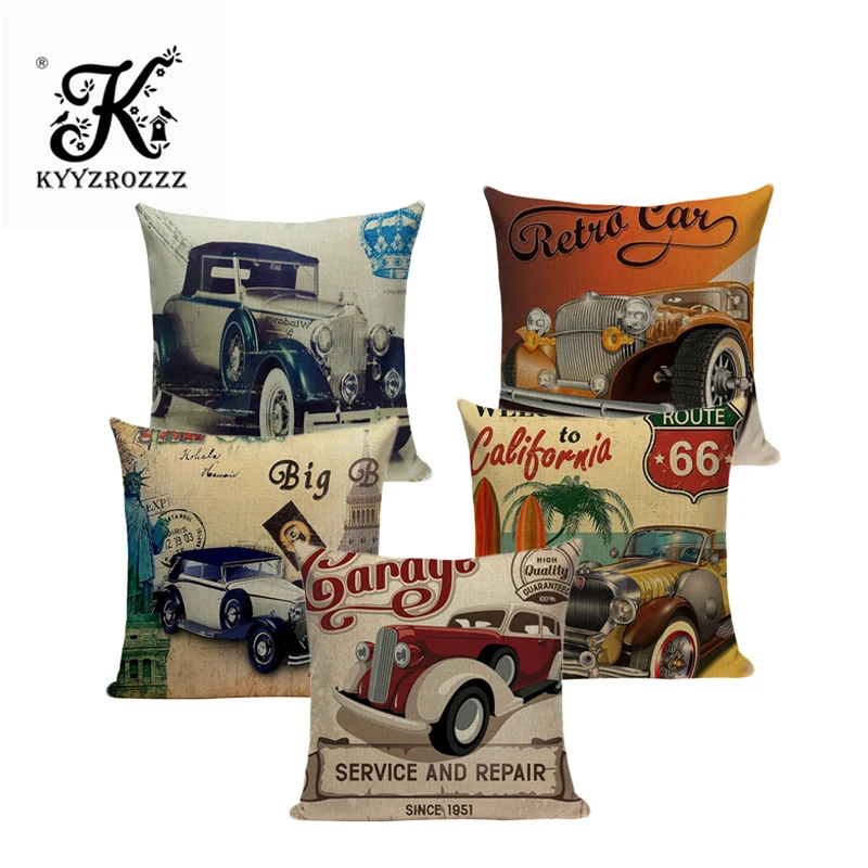 

Europe Vintage Retro Cars Cushion Covers Car Travel Trip English Letters Cushion Cover Sofa Decorative Beige Linen Pillow Case