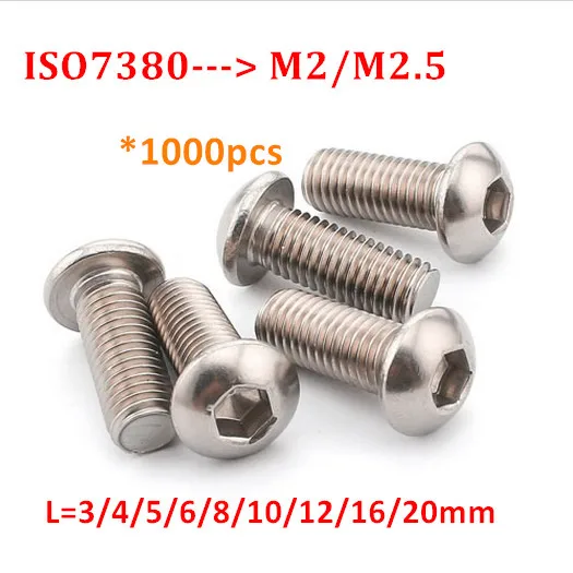1000 шт. M2/M2.5 ISO7380 болты из нержавеющей стали 304 с шестигранным углублением в головке