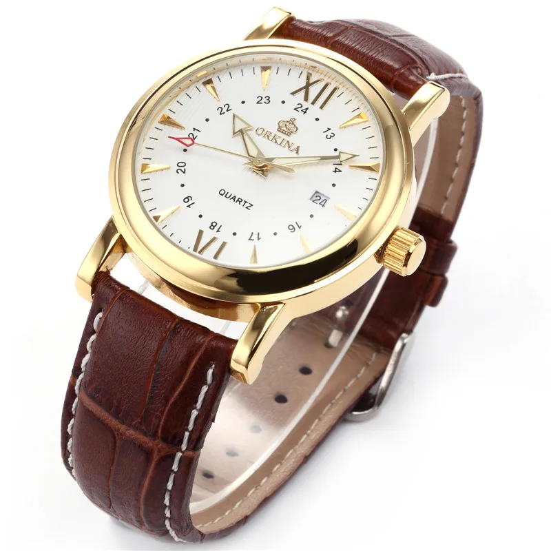 Мг. ORKINA Золотой чехол коричневый кожаный ремешок для часов Роскошные Кварцевые