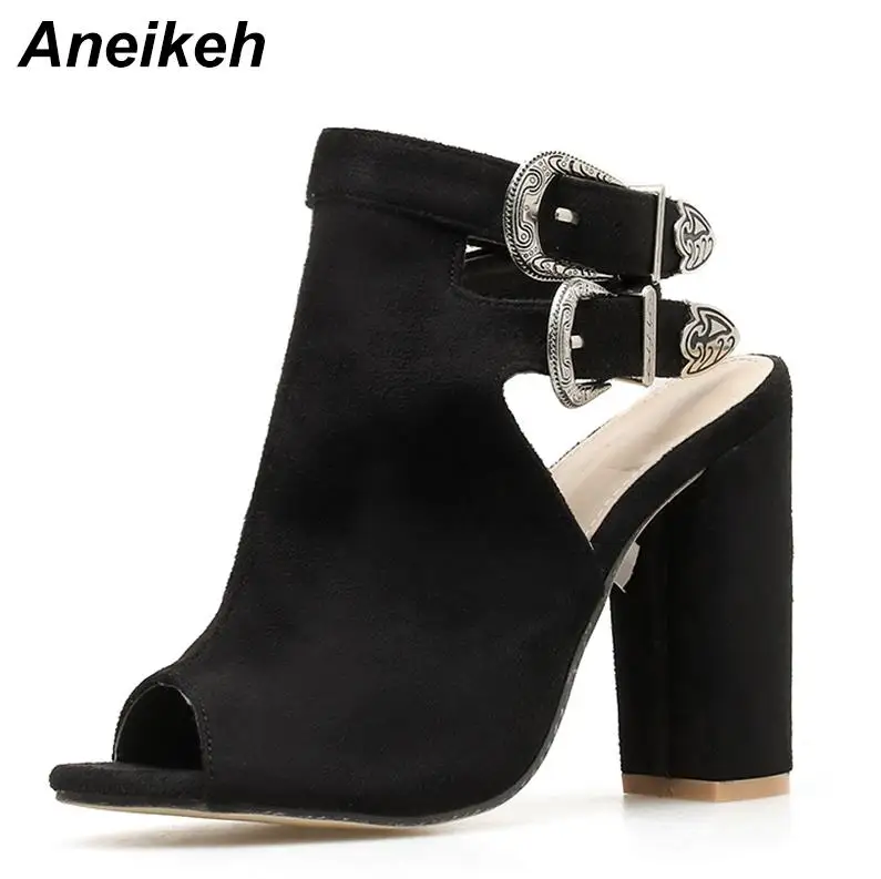 black Aneikeh/ г., новые летние пикантные сандалии-гладиаторы с змеиным узором обувь с открытым носком туфли-лодочки с вырезами на каблуке Женские Ботильоны на каблуке - Цвет: black