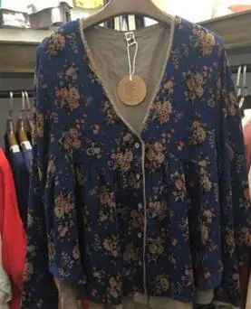 blue floral Япония Мори девушка весна лето хлопок лен цветочный Свободная рубашка женская кукла рубашка Ретро Женская сорочка Femme туника Топ блузка пальто - Цвет: blue floral