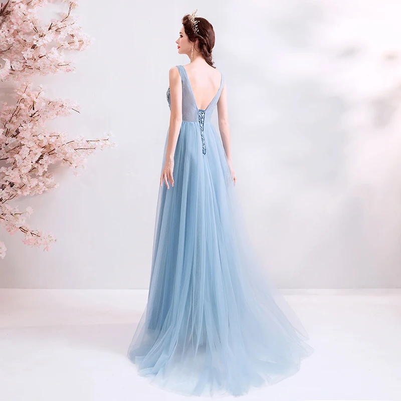 Ssyfashion Новинка, вечернее платье, для банкета элегантный серый синий кружевное платье с цветочным рисунком платье с v-образным вырезом без рукавов официальная Вечеринка платье Vestido De Festa