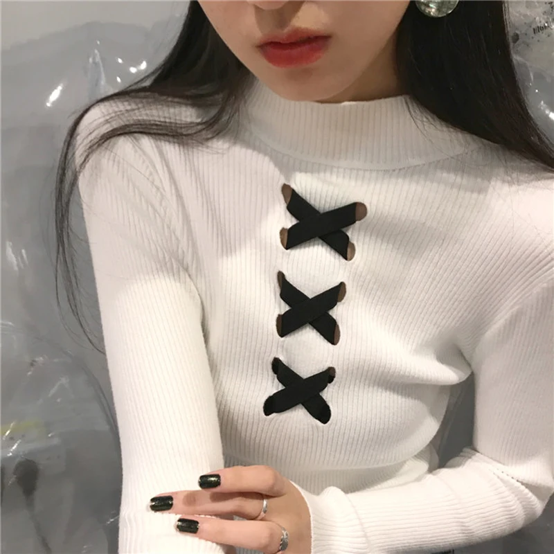 Autumn O-neck CrissCross Women Sweater Skinny Elastic Full Sleeve Knitted Pullovers Feminino Soft Femme Jumper 2018 high quality | Женская