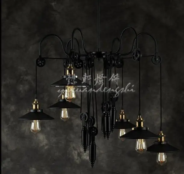 

American Minimalist Retro iron Lift pulley Industrial Loft Chandelier Rustic Restaurant Bar lamp
