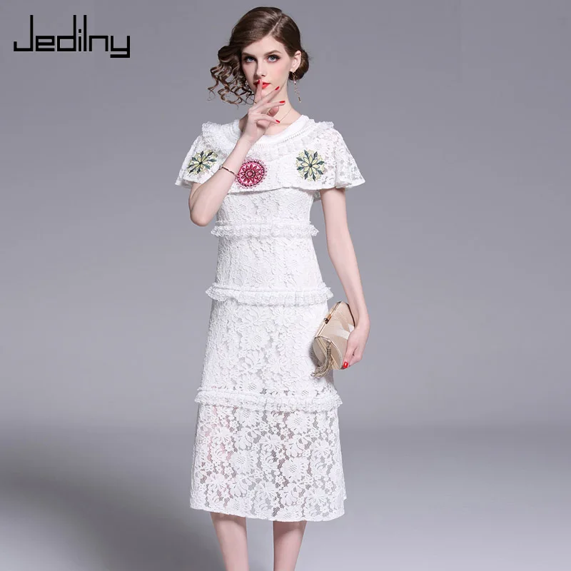 Белое кружевное платье 2019 летнее повседневное женское с круглым вырезом рукава