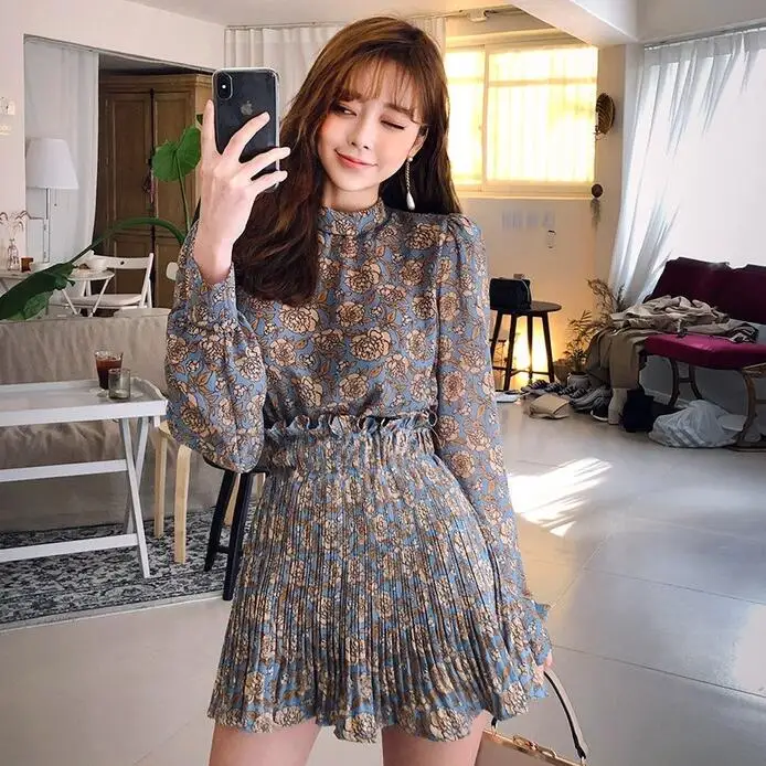 blue Для женщин платья Ins для девочек Kawaii Ulzzang Винтаж Плиссированные платье с цветочным принтом рубашка женская Винтаж Harajuku панк одежда для Для женщин ретро - Цвет: blue