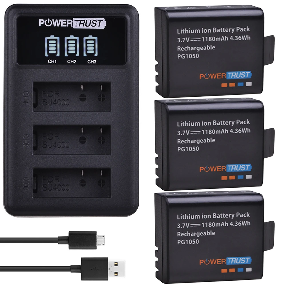 

3Pcs 1180mAh PG1050 Battery +LED 3Slots USB Charger For SJCAM SJ4000 M10 SJ5000 SJ5000X For EKEN H9 H9R H8R H8 GIT PG900