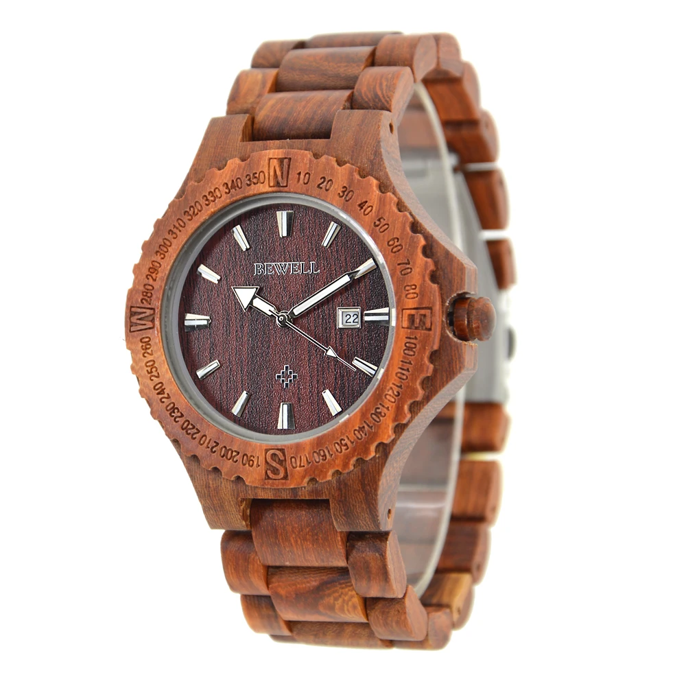 

Men's BEWELL Fashion Sports Quartz-watch Red Sandalwood Mesh Brand Men Watches Complete Calendar Wristwatch Chronograph 023A