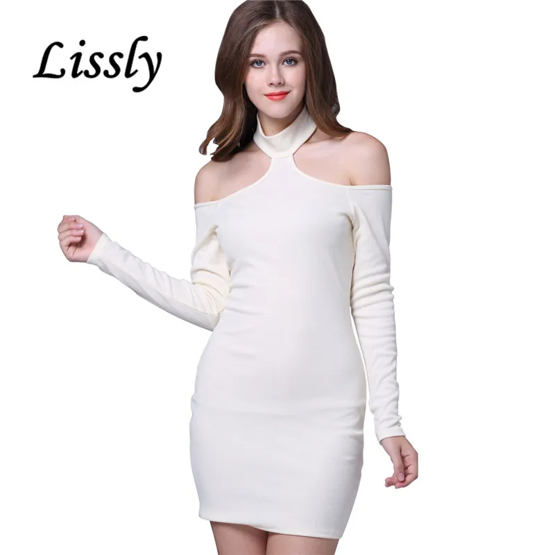 Lissly 2017 Sexy Холтер Мини Карандаш Dress Женщины Твердые Длинные Рукава Bodycon С Плеча Office