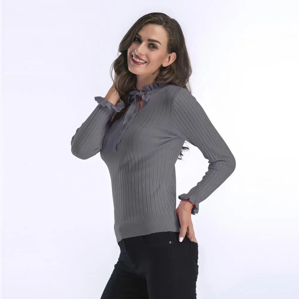 Новый Бабочка воротник на шнуровке с длинными рукавами трикотажные свитера Для