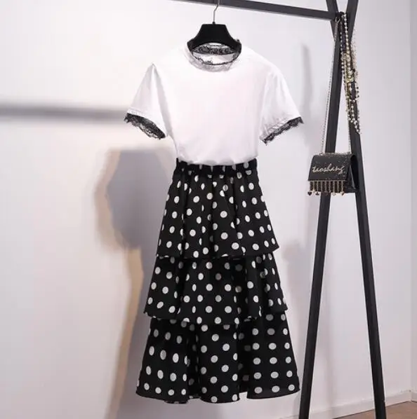 Летняя мода 2020 футболка с круглым вырезом + многослойная юбка в горошек Женский