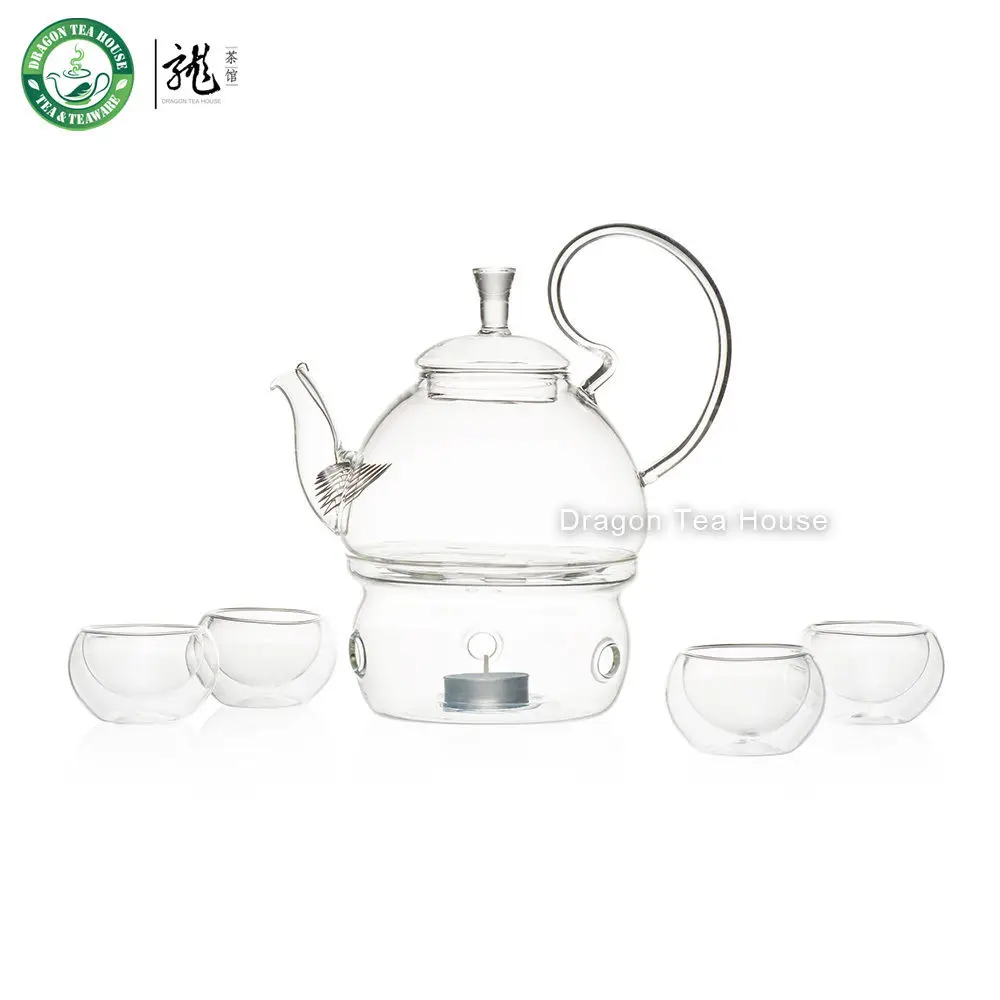 Чайный сервиз из прозрачного стекла чайник с фильтром подогревателем и четырьмя
