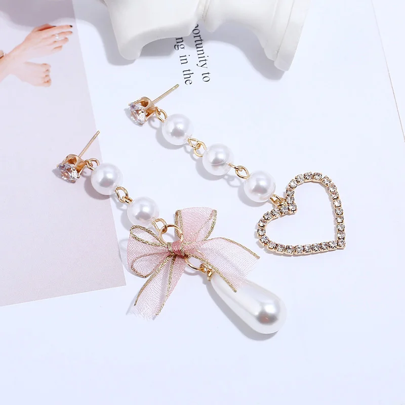 pierced pink Новинка, корейские очаровательные жемчужные стразы с кристаллами и бантом, серьги на клипсах с сердечками без пирсинга для женщин, вечерние клипсы без отверстий для ушей - Окраска металла: pierced pink