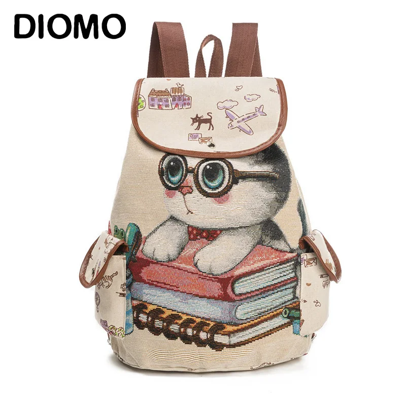 Рюкзак DIOMO с милым рисунком кота большой холщовый рюкзак для женщин сумка книг