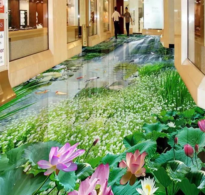 Самоклеящиеся напольные обои на заказ 3D с изображением пейзажа водопада лотоса