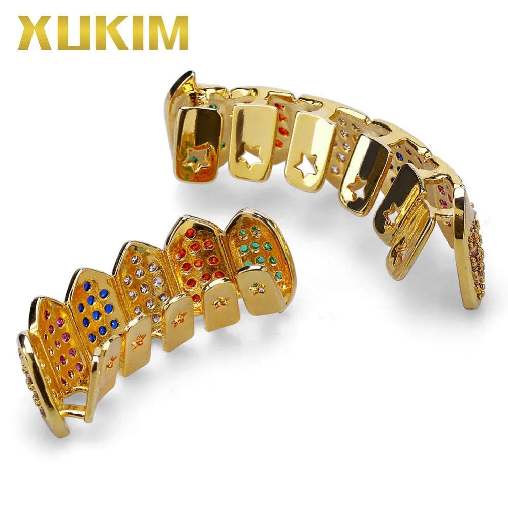 Xukim ювелирные изделия высокого качества, цвет золотистый, зубы Grillz Топ и нижние грилзы Мути-цвет вампирские клыки, раппер, ювелирные изделия, подарок