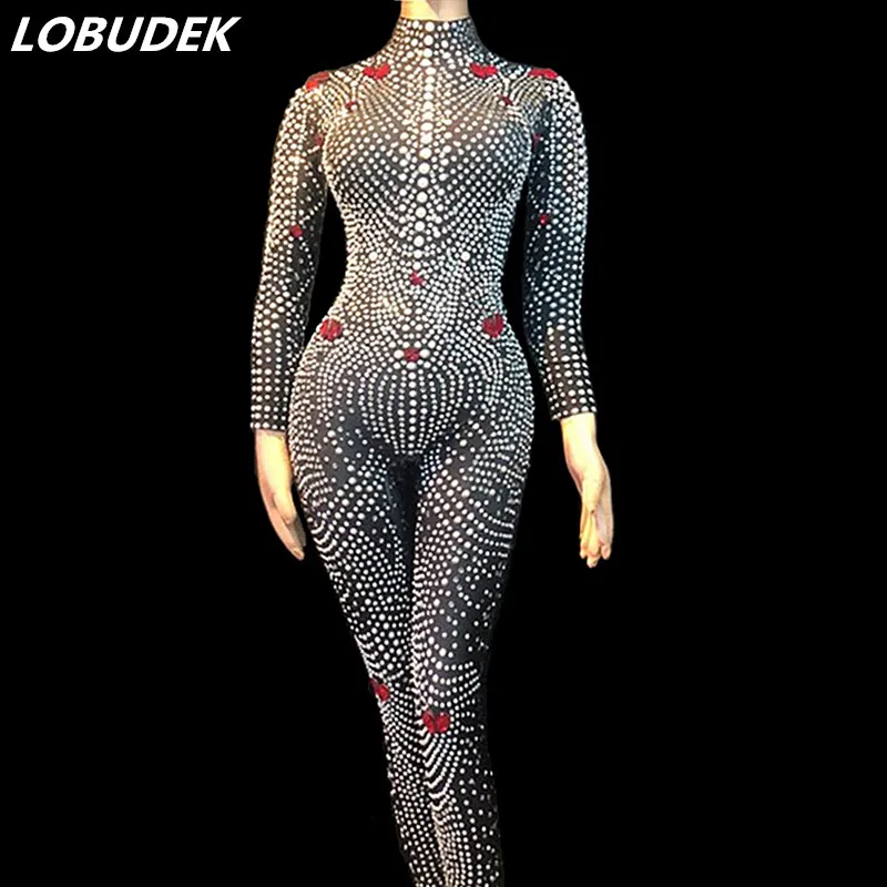 Bling Rhinestones Pearls Elastic Jumpsuit Sexy Nightclub Women Luxurious Costume Singer Concert Celebration Host Stage Outfit