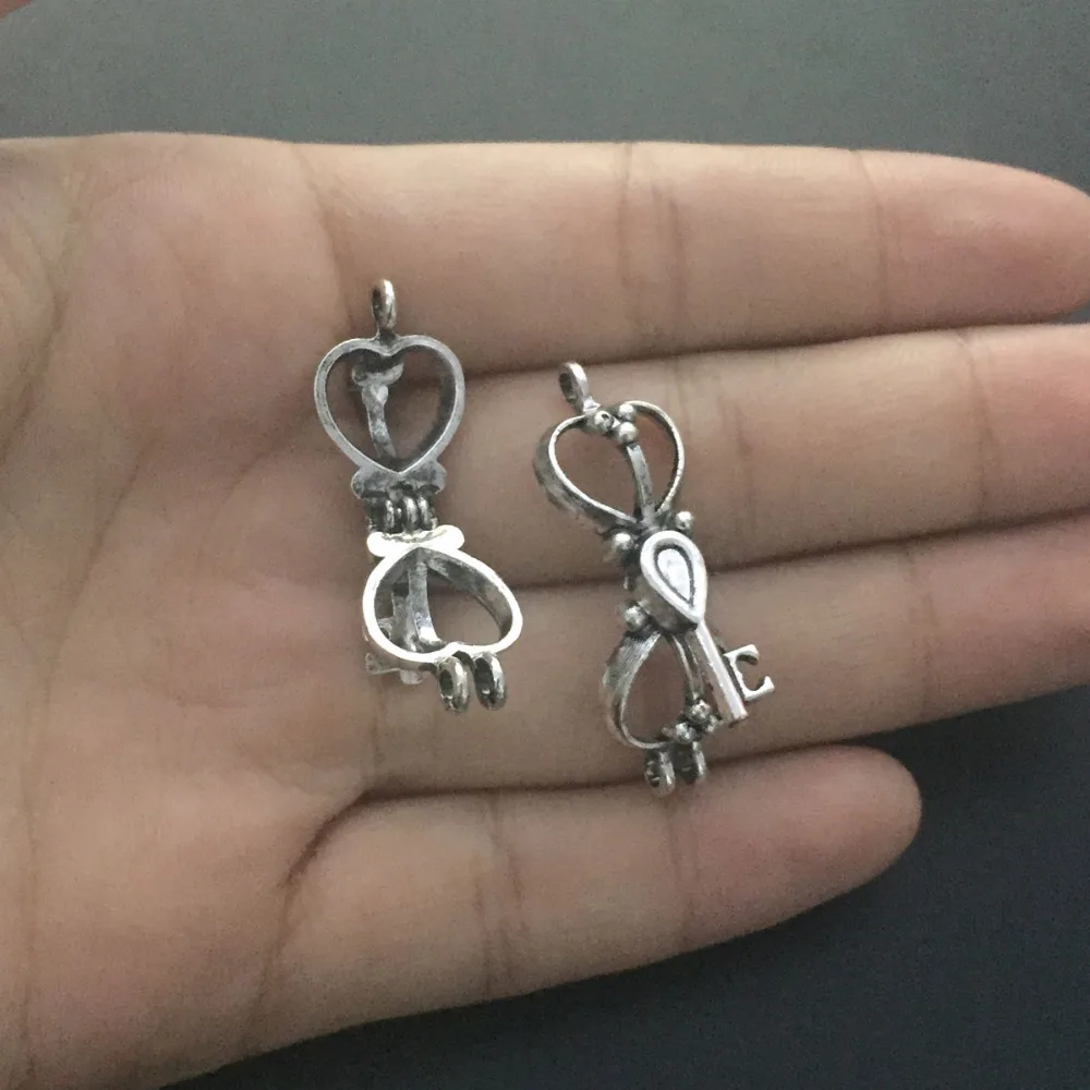 10 шт. старинное Серебро Сердце Ключ Форма медальон из бисера Pearl клетке кулон