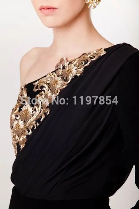 Domineering Black Embroidery Evening Dress One Shoulder Long Sleeve Formal Gown High Side Slit Party | Свадьбы и торжества