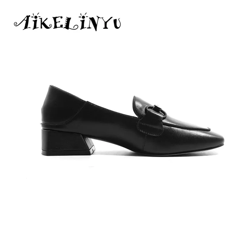 AAIKELINYU Новые женские туфли-лодочки коровья кожа мода металлической цепью удобные Обувь на квадратном каблуке, без шнуровки, на Повседневное ручной работы; женские туфли-лодочки