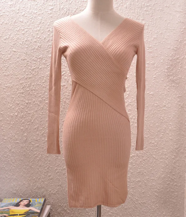 2016 Мода Осень Женщины Вязать Платье Глубокий V образным Вырезом С Длинным Рукавом