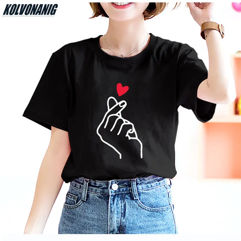 

2021 Summer Fashion Streetwear Femme Korean T-Shirts Women Cotton Gesture Love You Graphic Tees Finger Heart Printed T Shirt Top