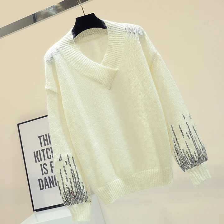Pullover women bf style V-neck solid color sequin stitching long-sleeved sweater 2018 autumn new jumper white top | Женская одежда